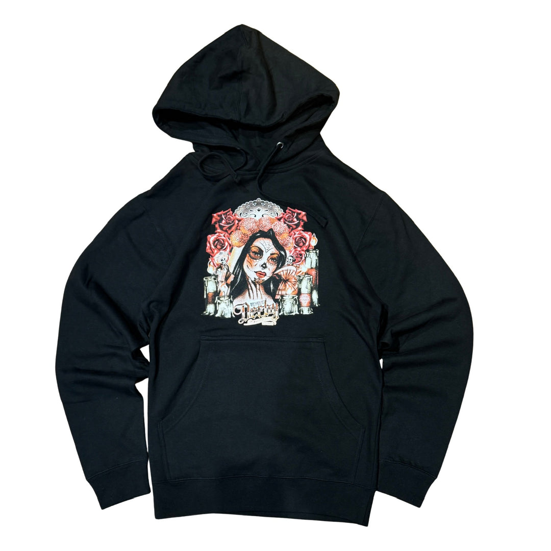 Black hoodie with a colorful graphic design on a white background