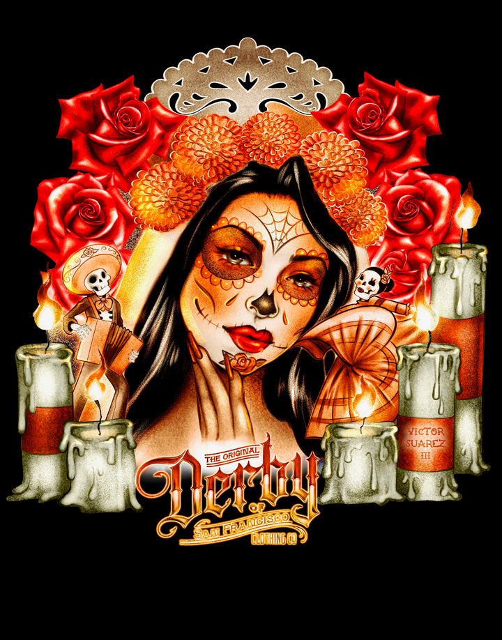 Artistic depiction of a woman with sugar skull makeup surrounded by candles and flowers, featuring the brand &