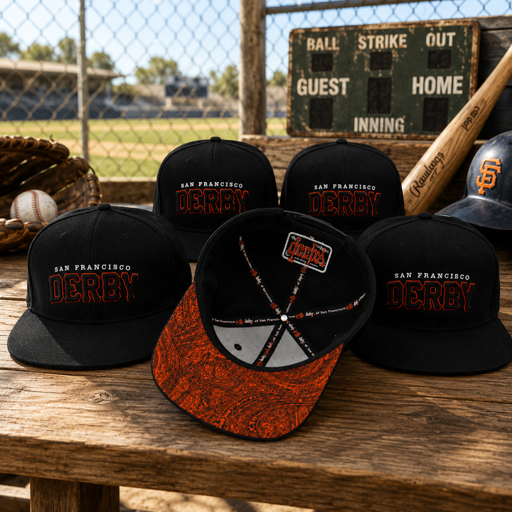 Five San Francisco Derby baseball caps are arranged on a wooden table at a baseball field, with a bat, glove, baseball, and a vintage scoreboard in the background.