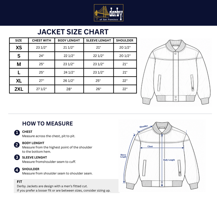 Jacket size chart and measurement guide for Derby jackets, showing a size table from XS to 2XL, body length, sleeve length, and shoulder measurements, plus a how-to-measure diagram with labeled dimensions on a jacket.