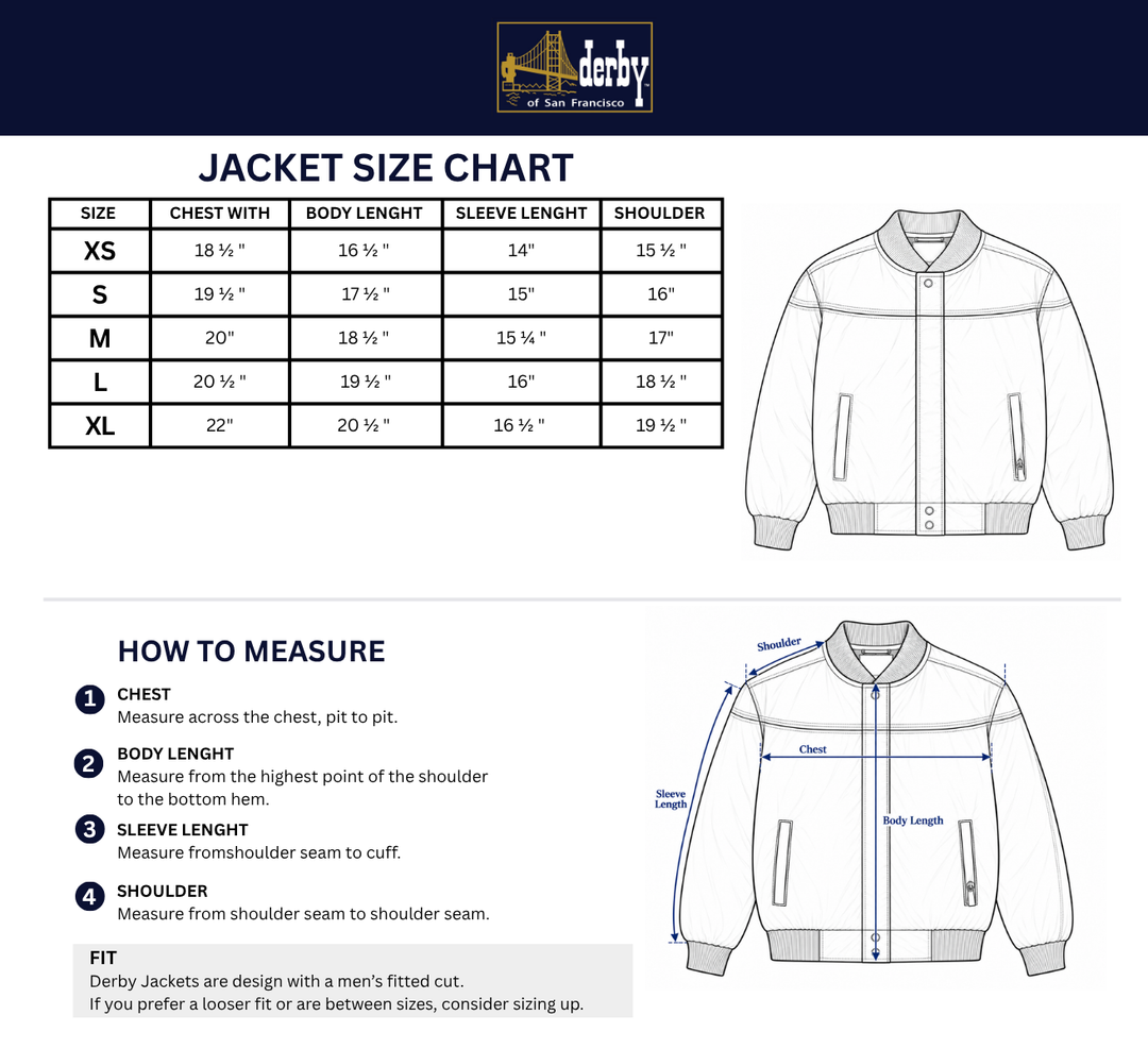 Jacket size chart and measurement guide for Derby Jackets, showing a size table from XS to XL, body length measurements, and step-by-step instructions with a line drawing of a jacket on a white background.