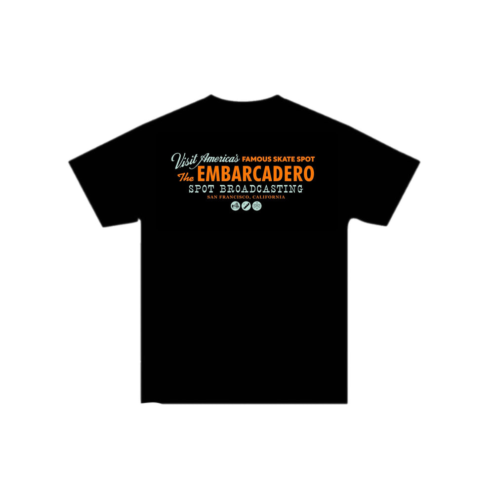 Black t-shirt with colorful text on a white background