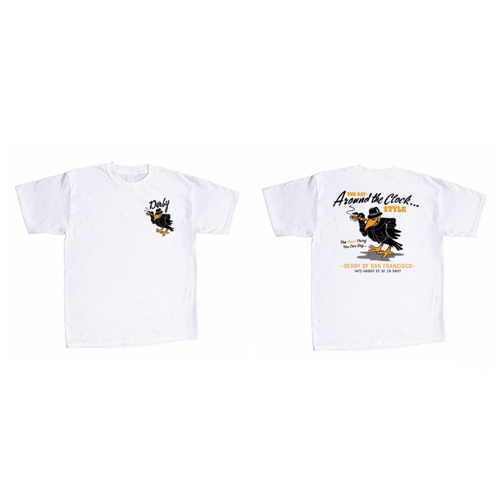 White t-shirt with a graphic of a duck and text on the front and back, on a white background.