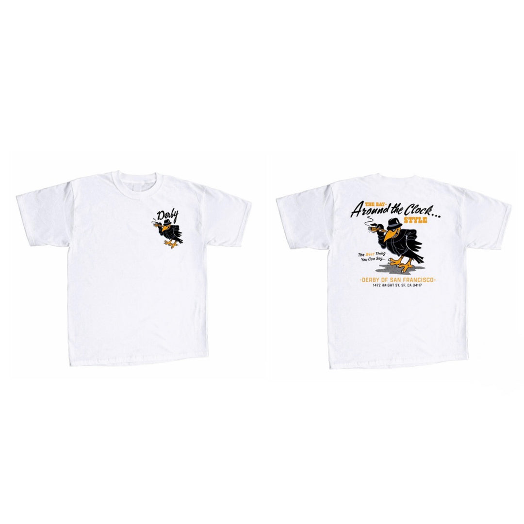 White t-shirt with a graphic of a duck and text on the front and back, on a white background.