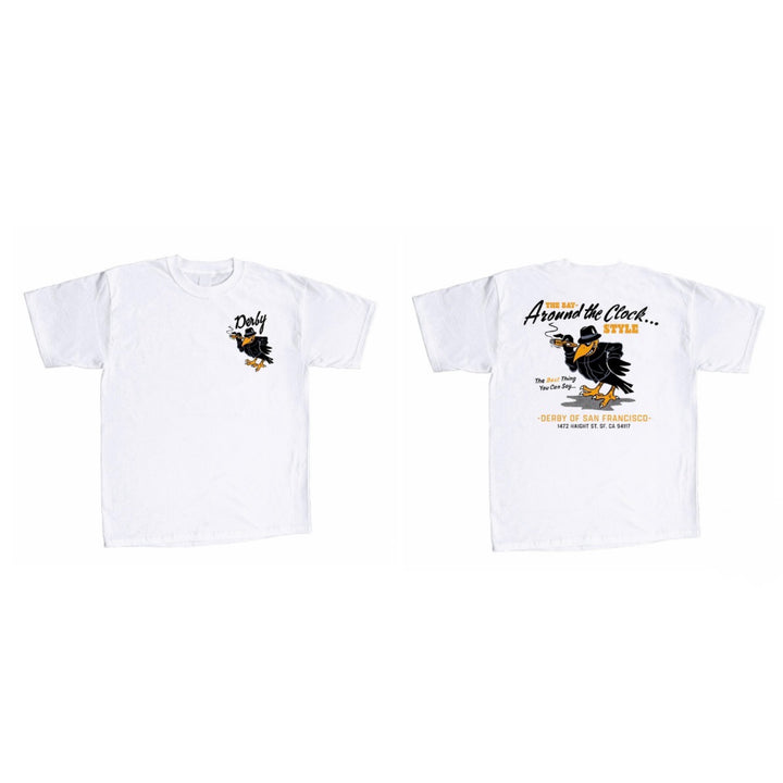 White t-shirt with a graphic of a duck and text on the front and back, on a white background.