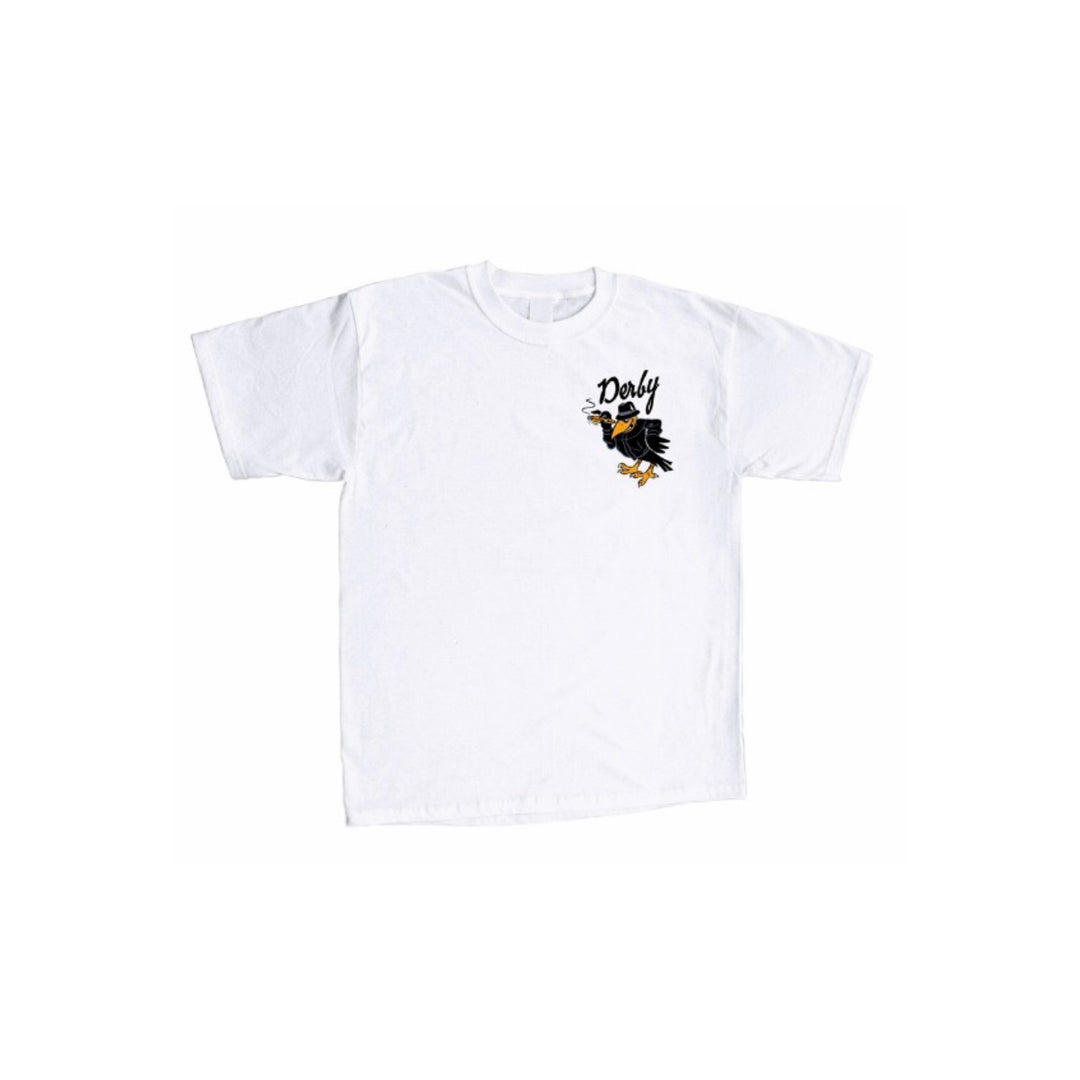 White t-shirt with a graphic design on a white background