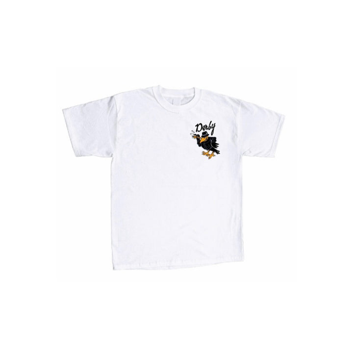 White t-shirt with a graphic design on a white background