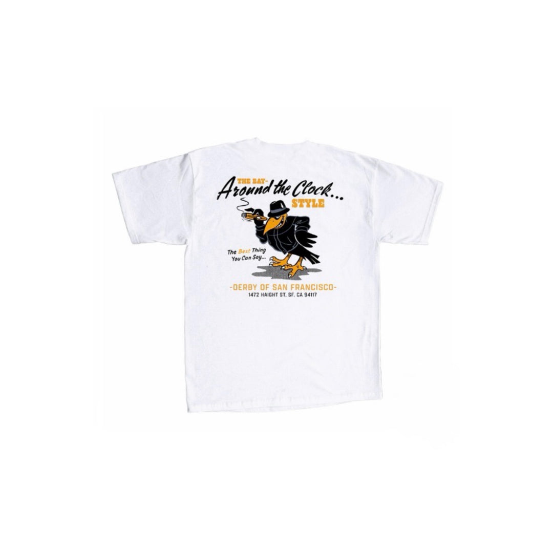 White t-shirt with a graphic of a rooster and text on a white background