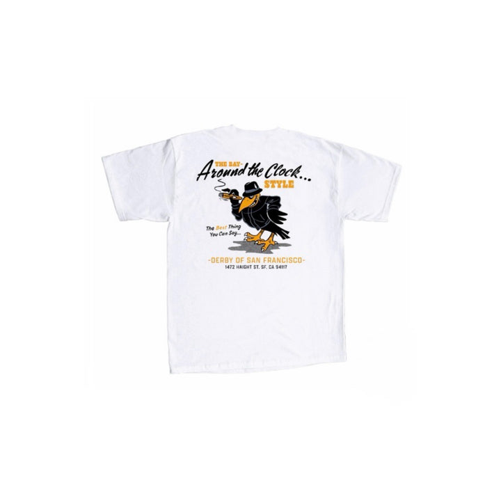 White t-shirt with a graphic of a rooster and text on a white background
