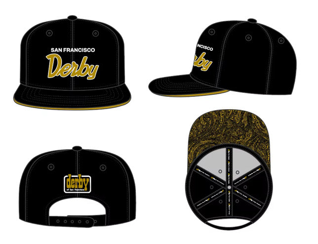 Four views of a black snapback cap with &